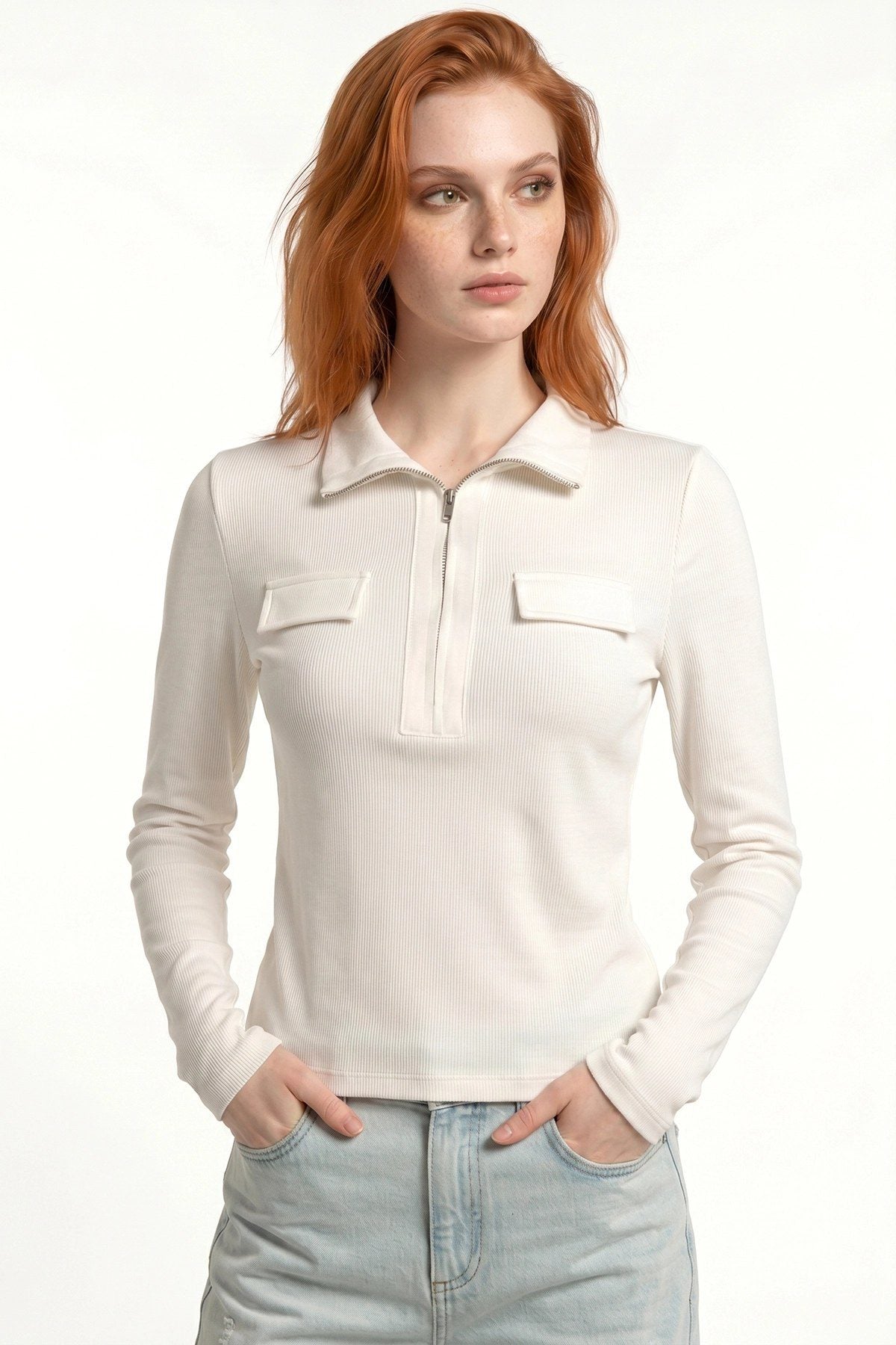 Ripp-Halbzip-Polo-Bluse