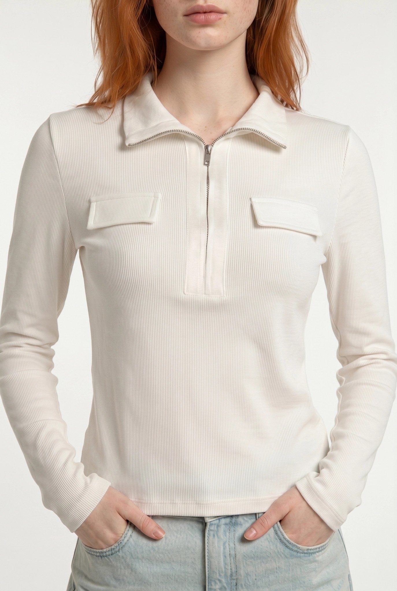 Ripp-Halbzip-Polo-Bluse