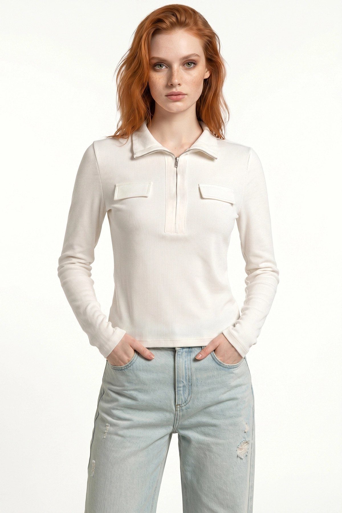 Ripp-Halbzip-Polo-Bluse