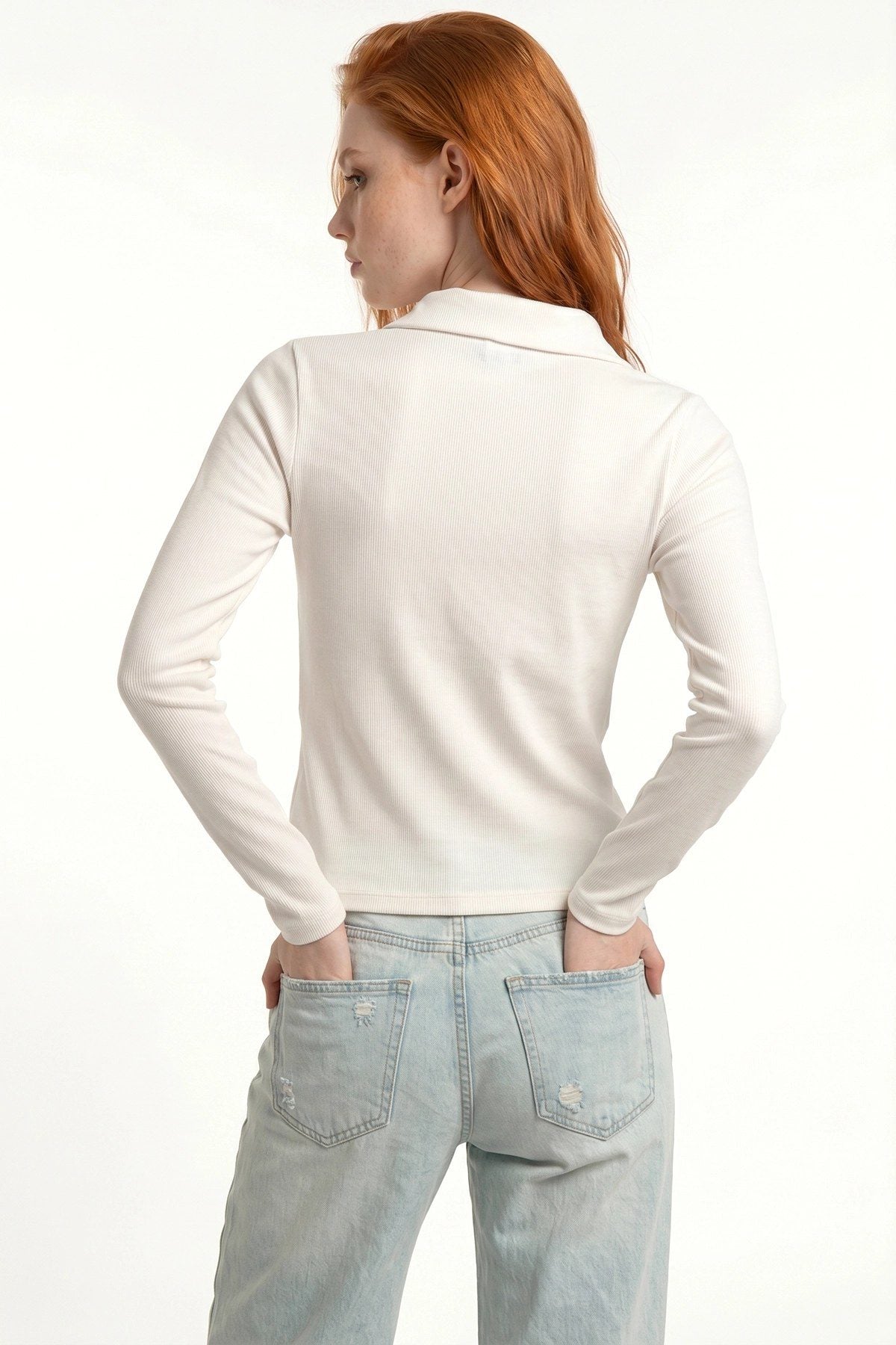 Ripp-Halbzip-Polo-Bluse
