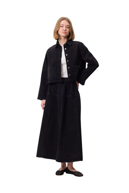 BREITER RÜSCHENROCK AUS JEANS, SCHWARZ