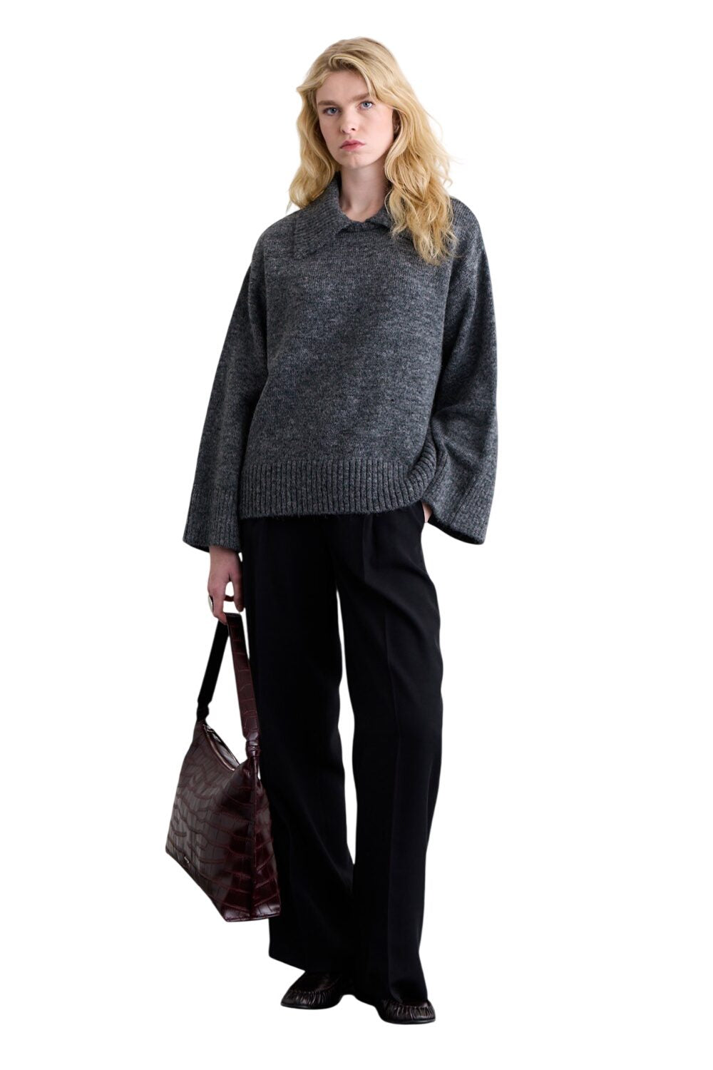 Oversize-Pullover mit breitem Kragen, grün