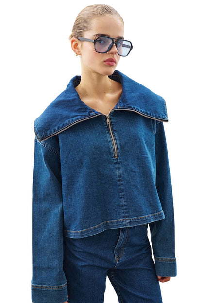 Jeansbluse mit breitem Kragen, dunkelblau
