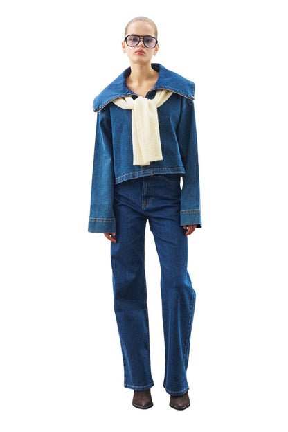 Jeansbluse mit breitem Kragen, dunkelblau