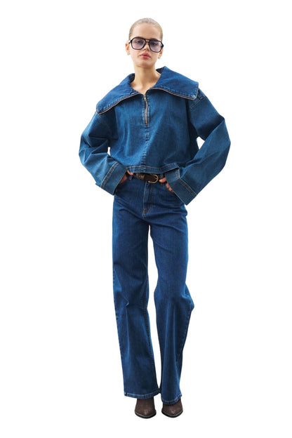 Jeansbluse mit breitem Kragen, dunkelblau