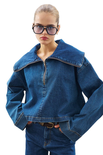 Jeansbluse mit breitem Kragen, dunkelblau