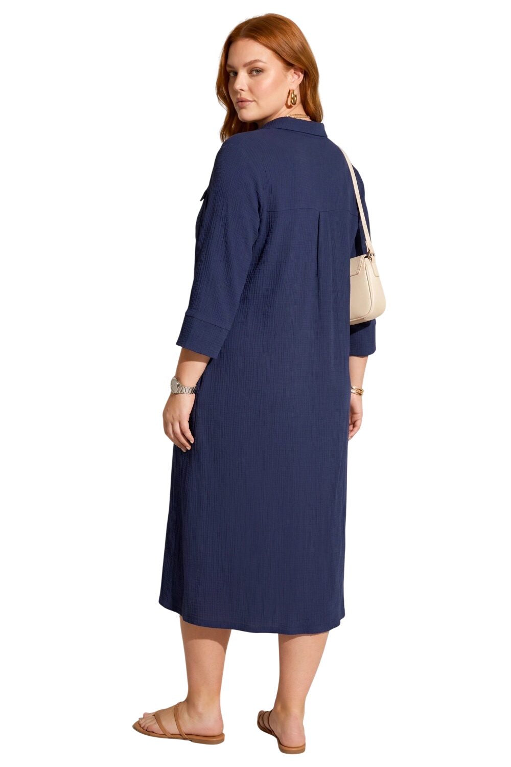 Hemdkragen Midi Kleid mit Gürtel und Taschen