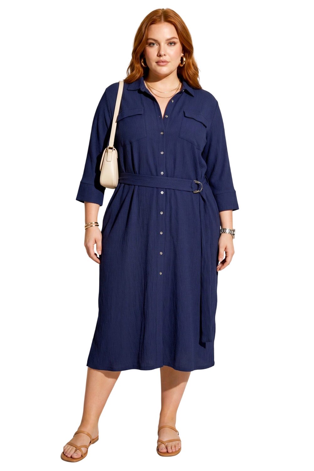 Hemdkragen Midi Kleid mit Gürtel und Taschen
