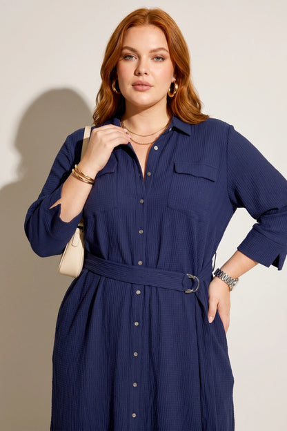 Hemdkragen Midi Kleid mit Gürtel und Taschen