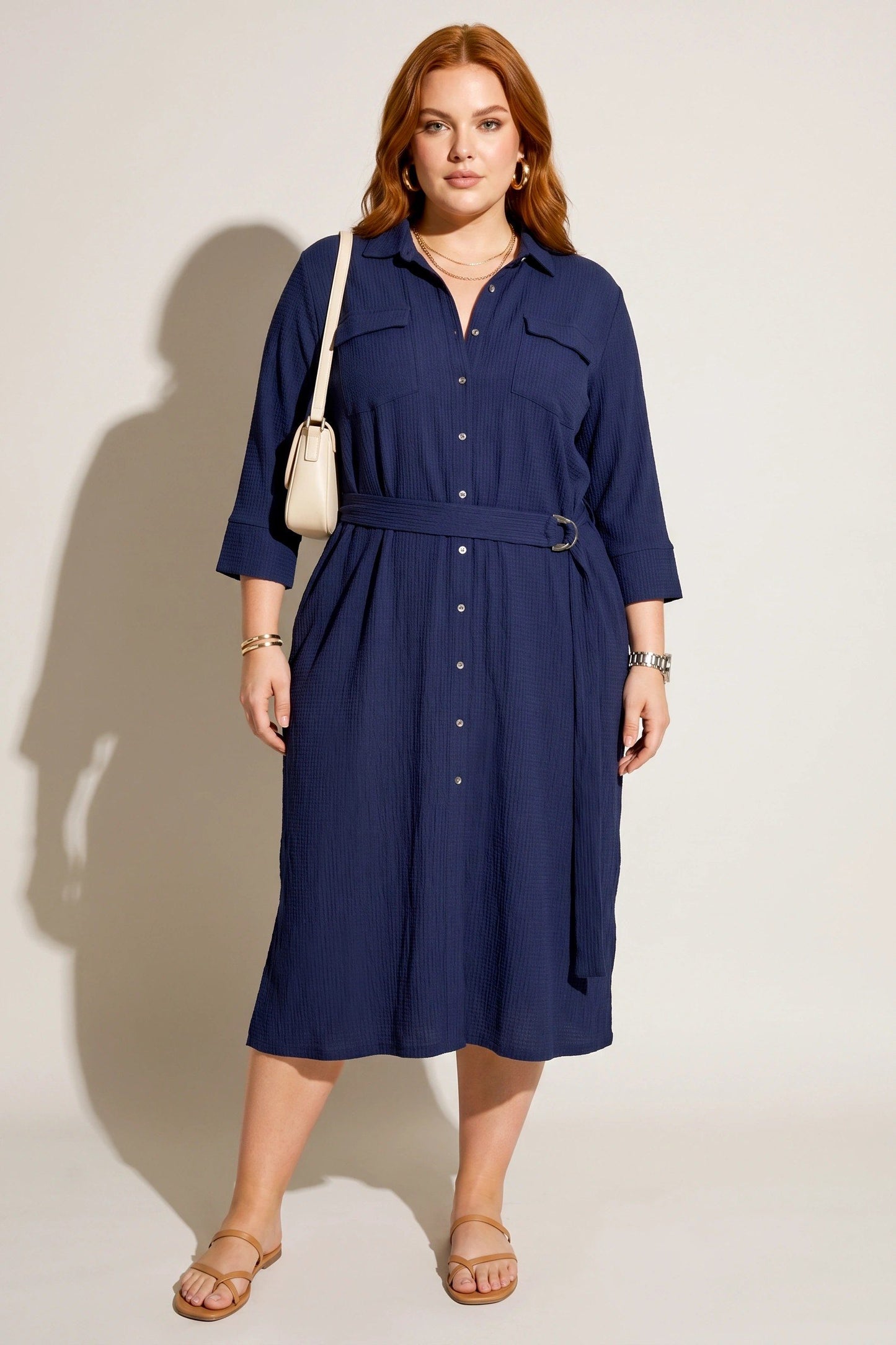 Hemdkragen Midi Kleid mit Gürtel und Taschen