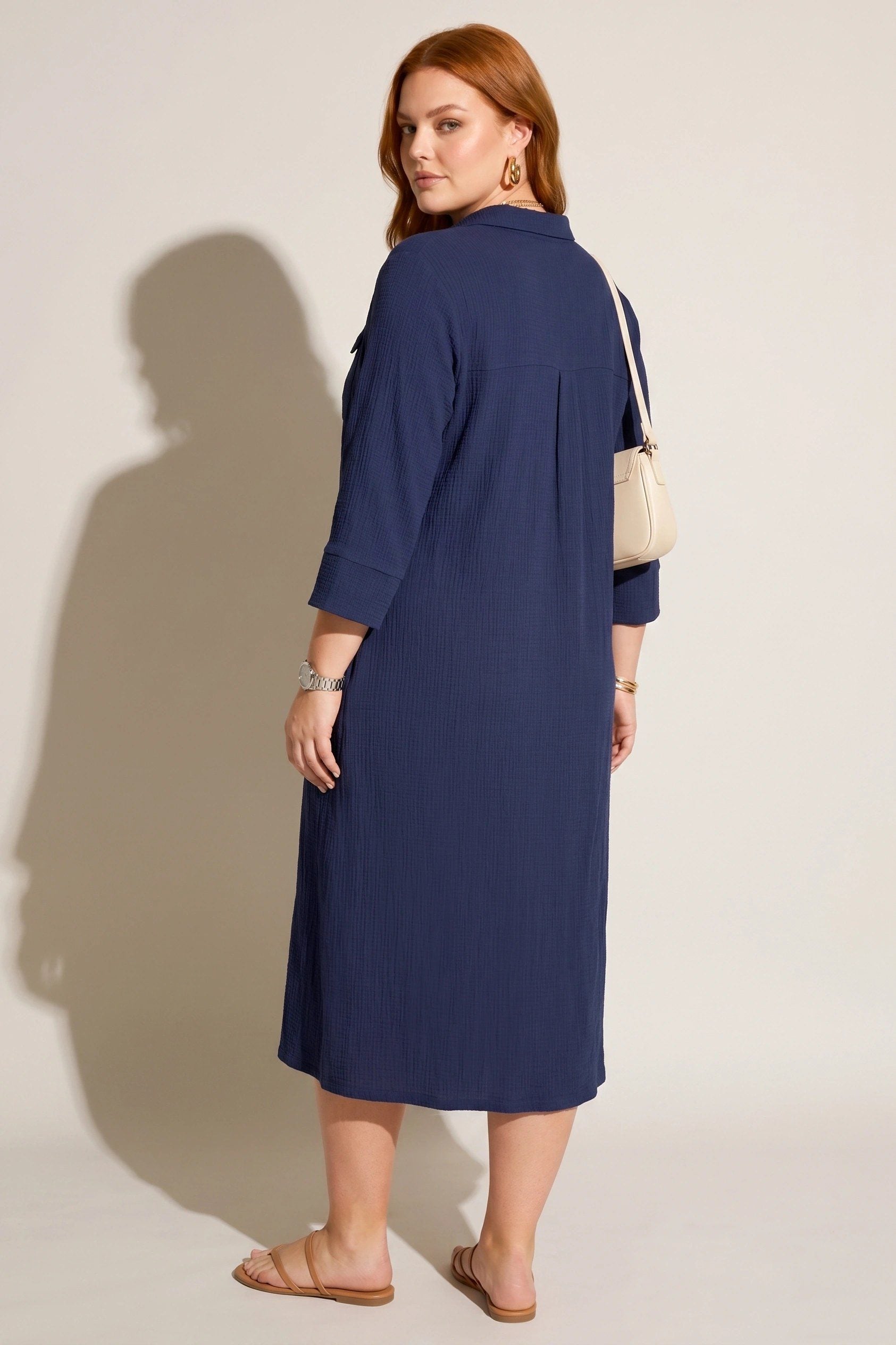 Hemdkragen Midi Kleid mit Gürtel und Taschen