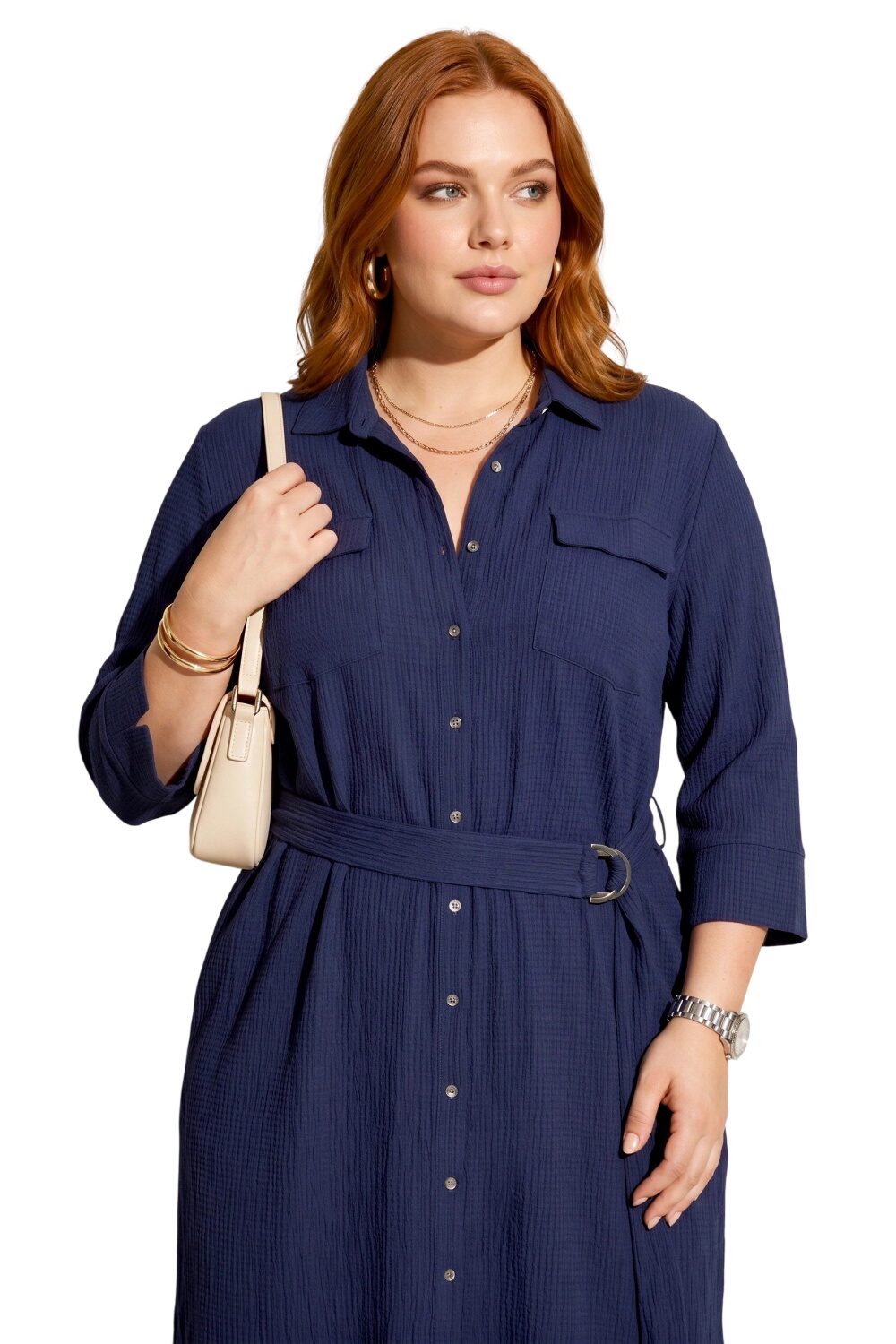 Hemdkragen Midi Kleid mit Gürtel und Taschen