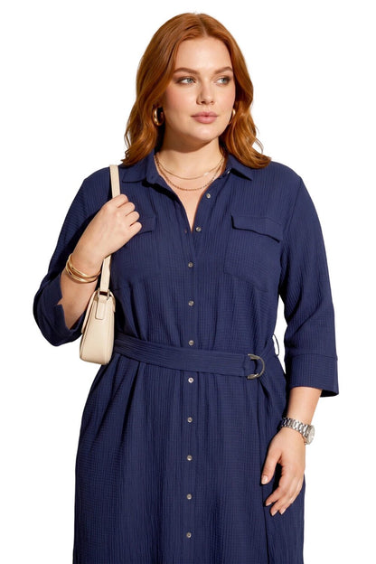 Hemdkragen Midi Kleid mit Gürtel und Taschen