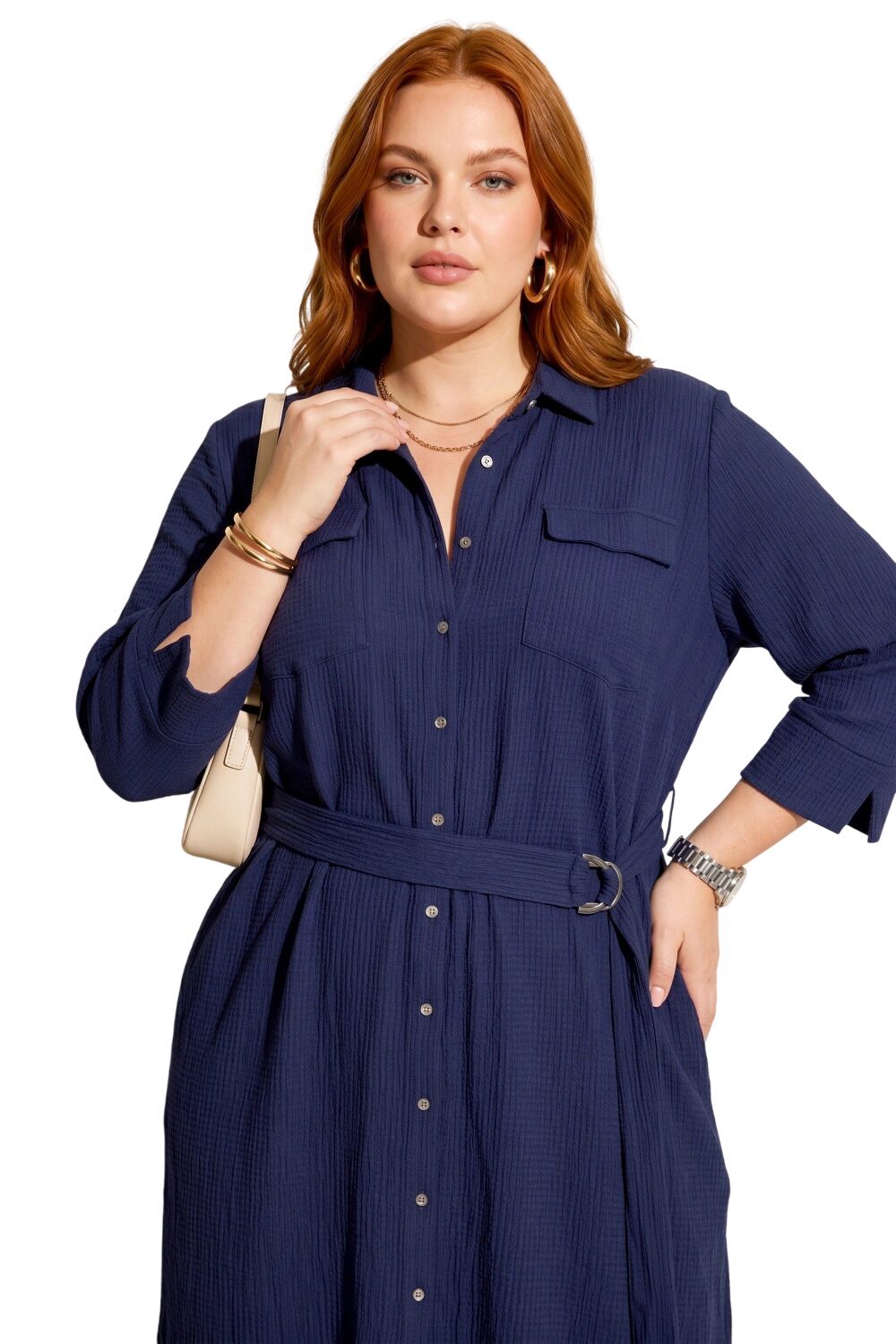 Hemdkragen Midi Kleid mit Gürtel und Taschen
