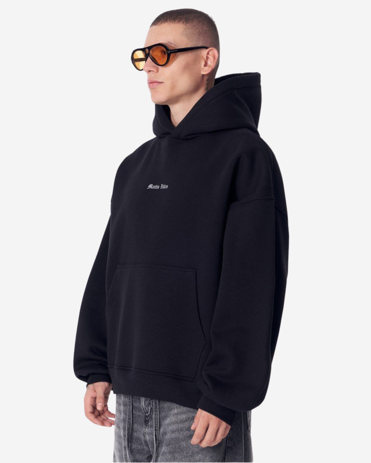 Tiefe Gothic Schwarzer Kapuzenpullover mit Applikationsflicken - Groß