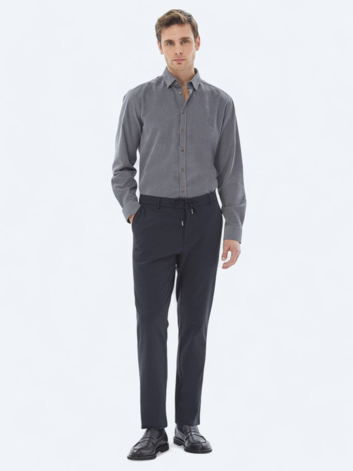 Grau Geripptes Freizeit Baumwollshirt