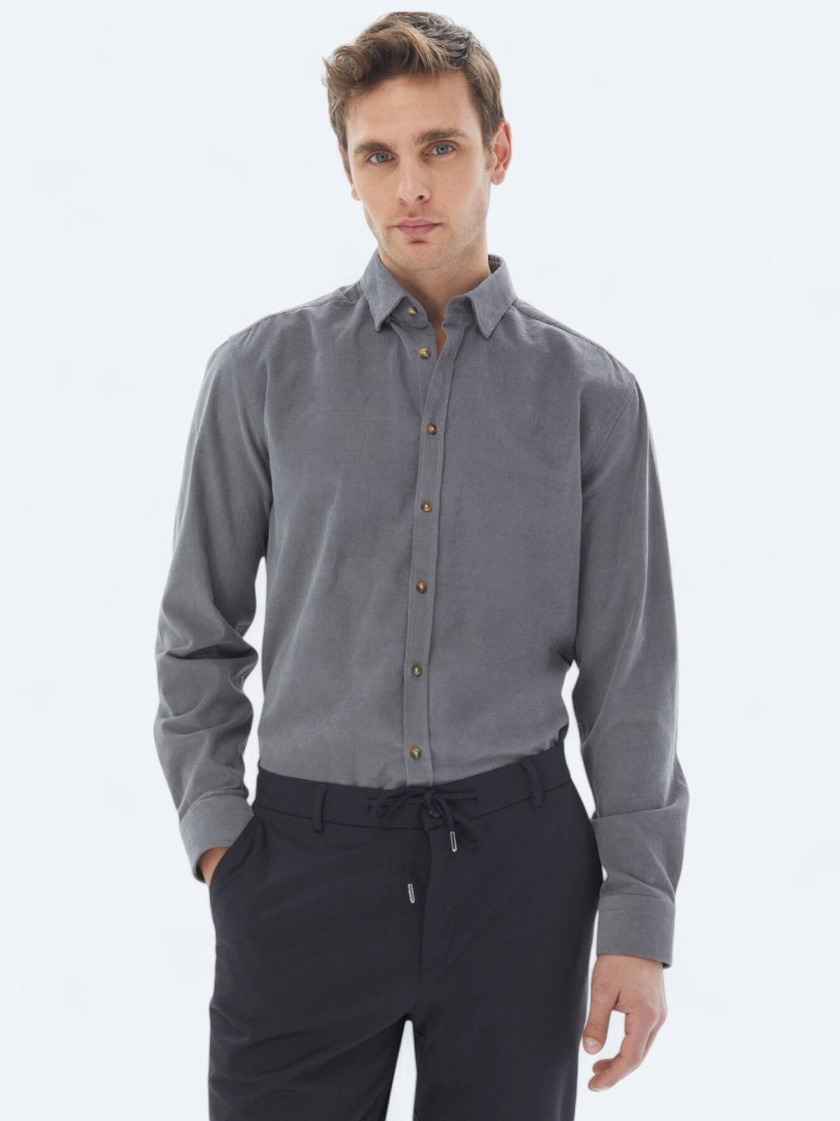 Grau Geripptes Freizeit Baumwollshirt