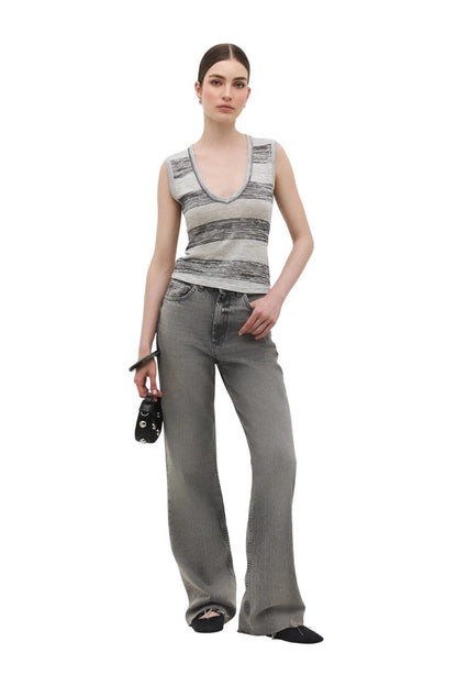 Grau Gestreiftes V-Ausschnitt Top
