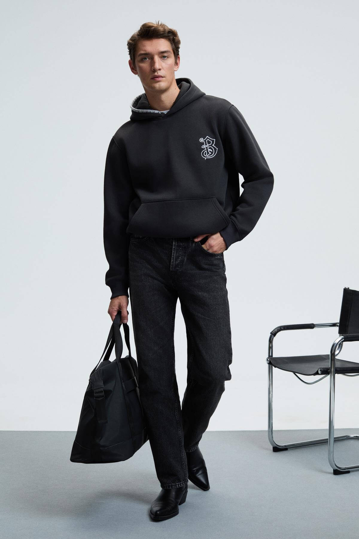 GRIMELANGE Herren Kapuzen-Sweatshirt Stickerei Anthrazit
