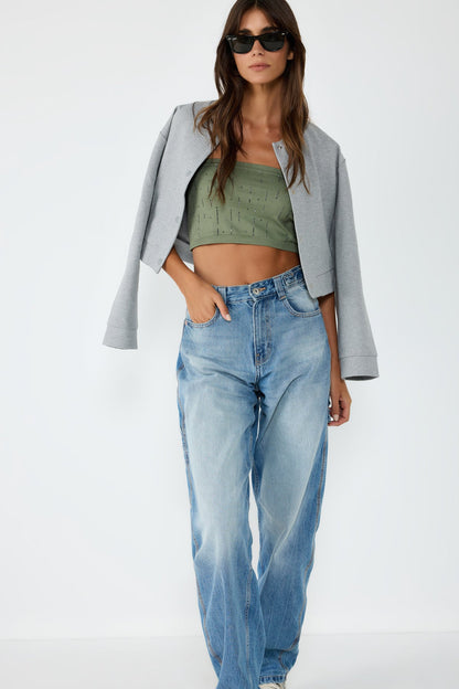 Nahtloses, trägerloses Crop-Top mit Steinverzierungen