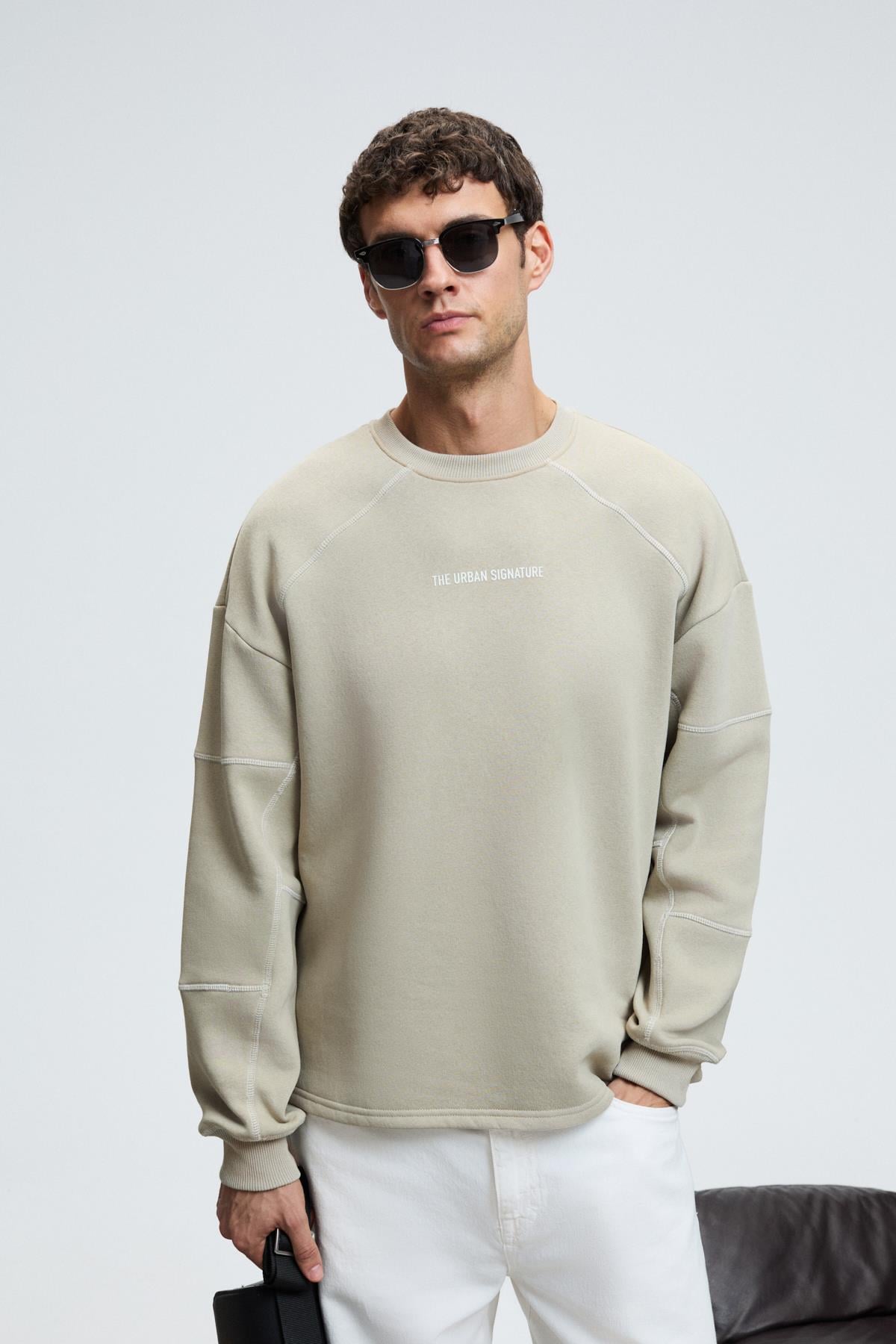 GRIMELANGE Herren Sweatshirt Rundhals Druck Steinfarbe