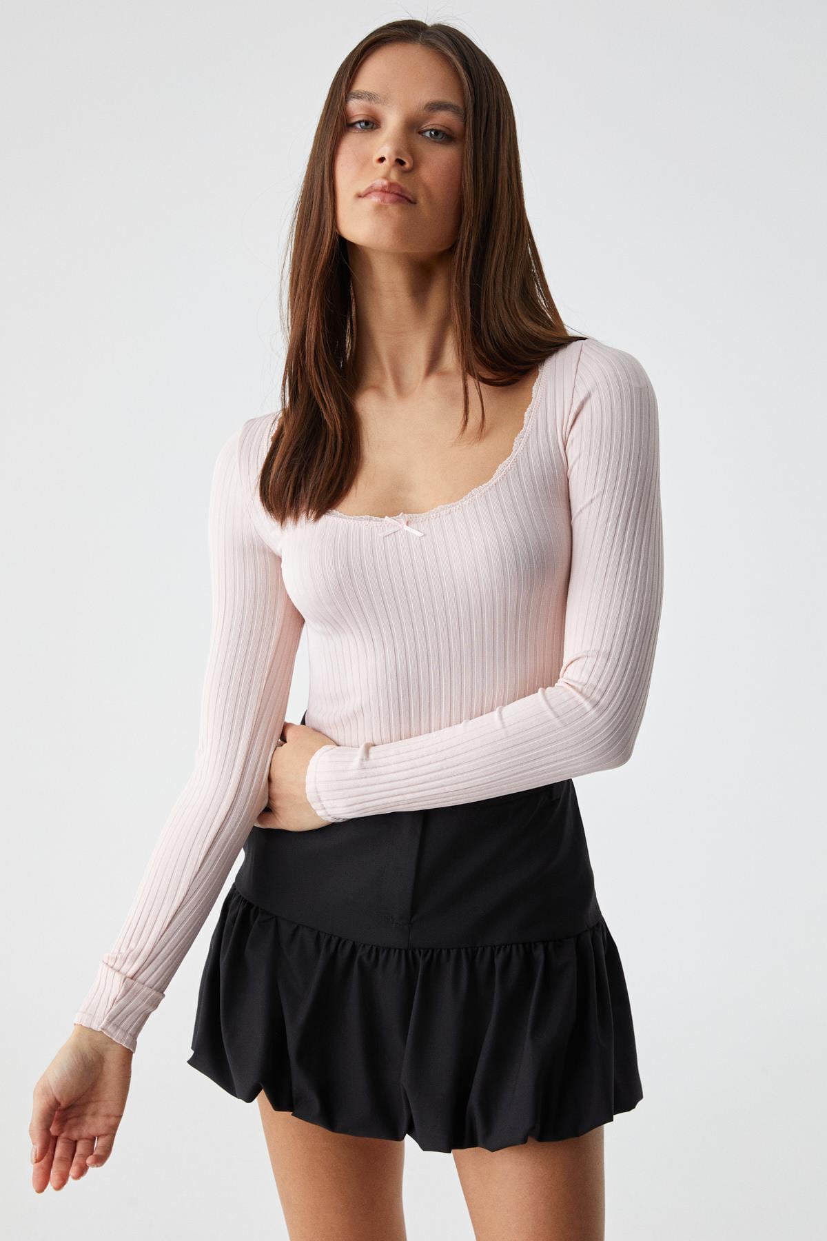 ETHIQUET HANIFFIS Damen Slim Langarm Bluse Rosa