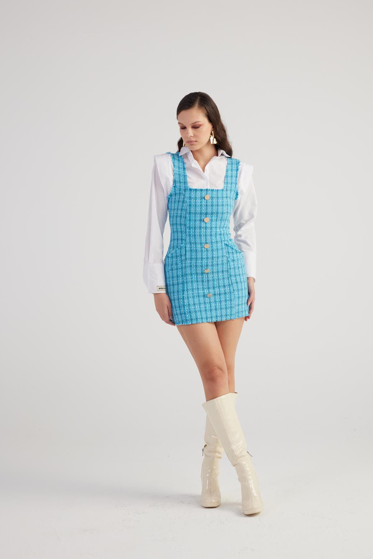 Mini-Tweed-Kleid mit Metallknöpfen