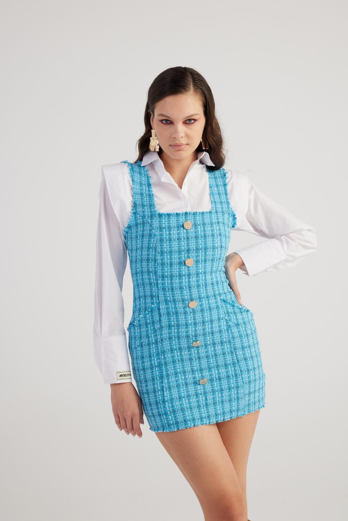 Mini-Tweed-Kleid mit Metallknöpfen