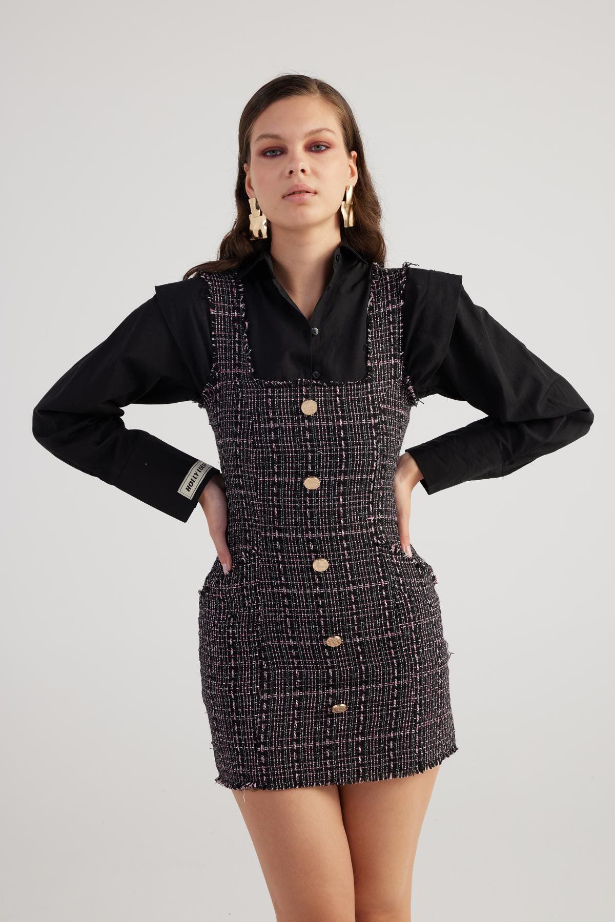 Mini-Tweed-Kleid mit Metallknöpfen