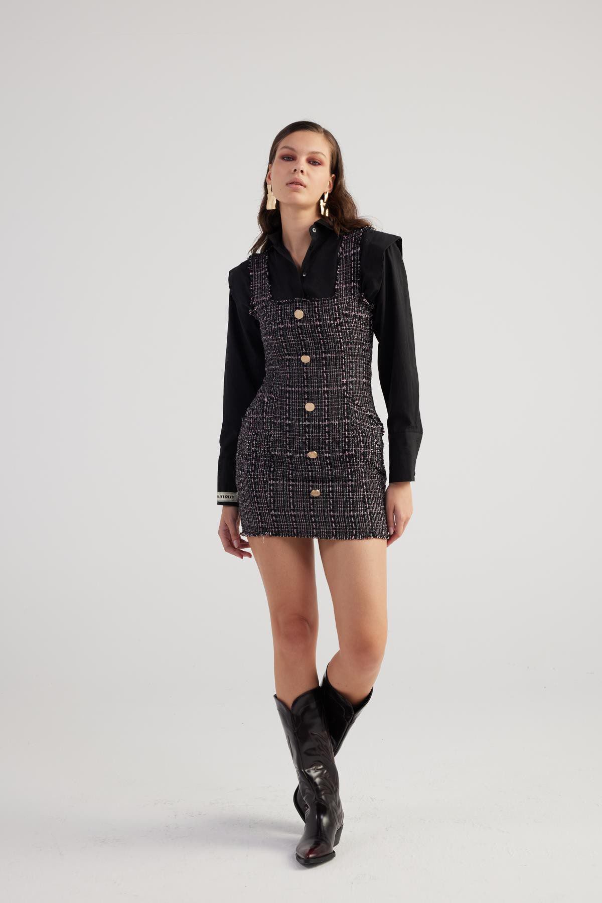 Mini-Tweed-Kleid mit Metallknöpfen