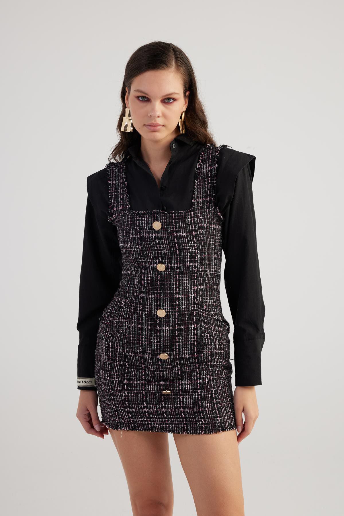 Mini-Tweed-Kleid mit Metallknöpfen