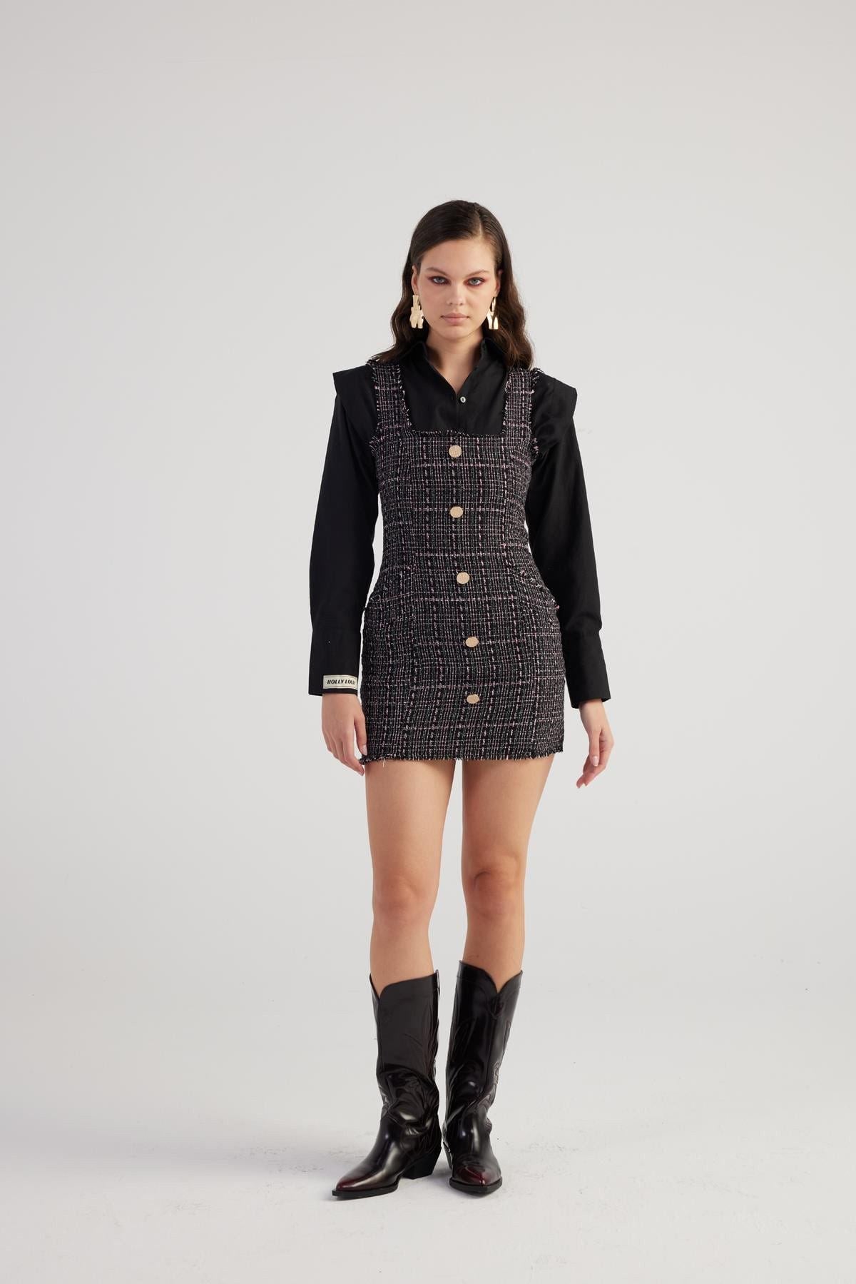 Mini-Tweed-Kleid mit Metallknöpfen