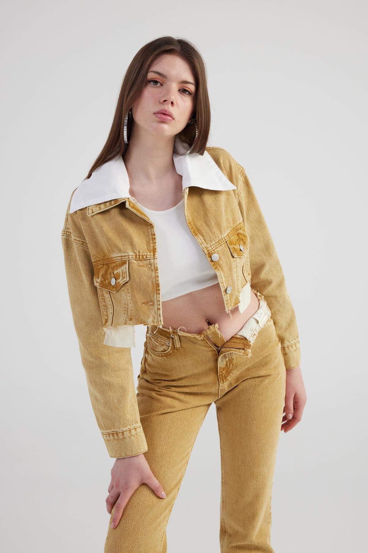 Marmorprint abnehmbarer Kragen Crop-Jacke