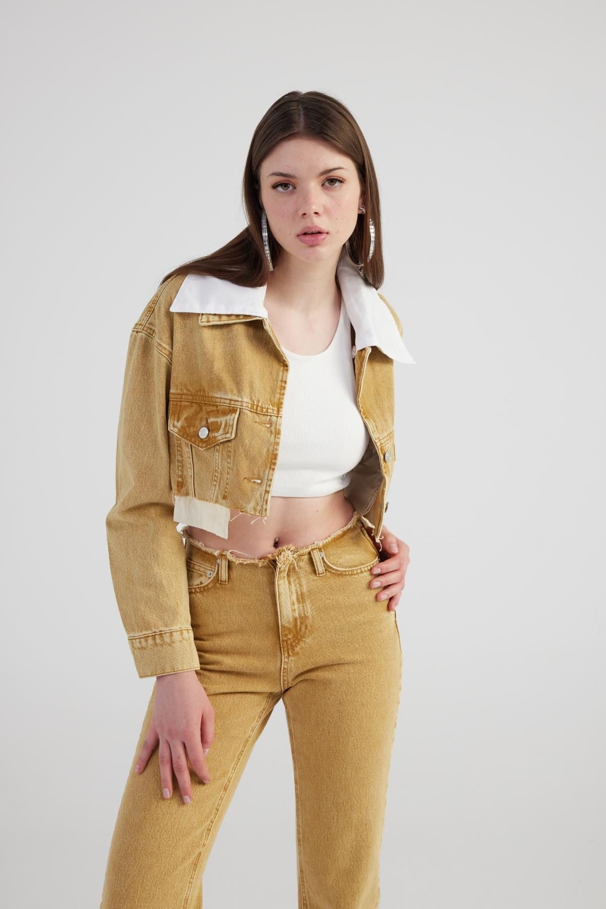 Marmorprint abnehmbarer Kragen Crop-Jacke