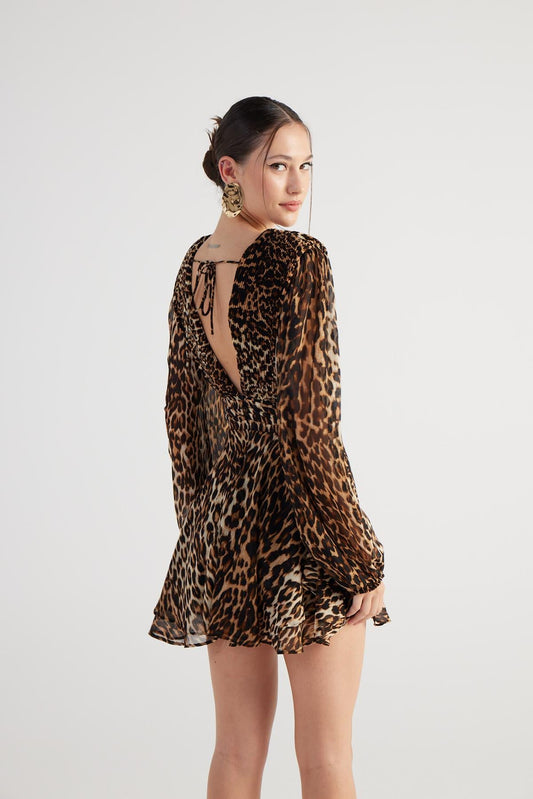 Leopardenmuster V-Ausschnitt Minikleid