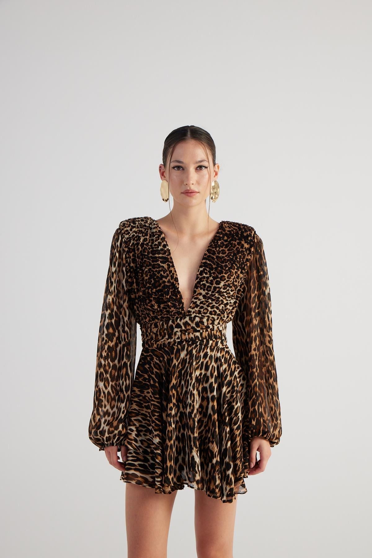 Leopardenmuster V-Ausschnitt Minikleid
