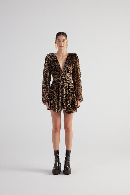 Leopardenmuster V-Ausschnitt Minikleid