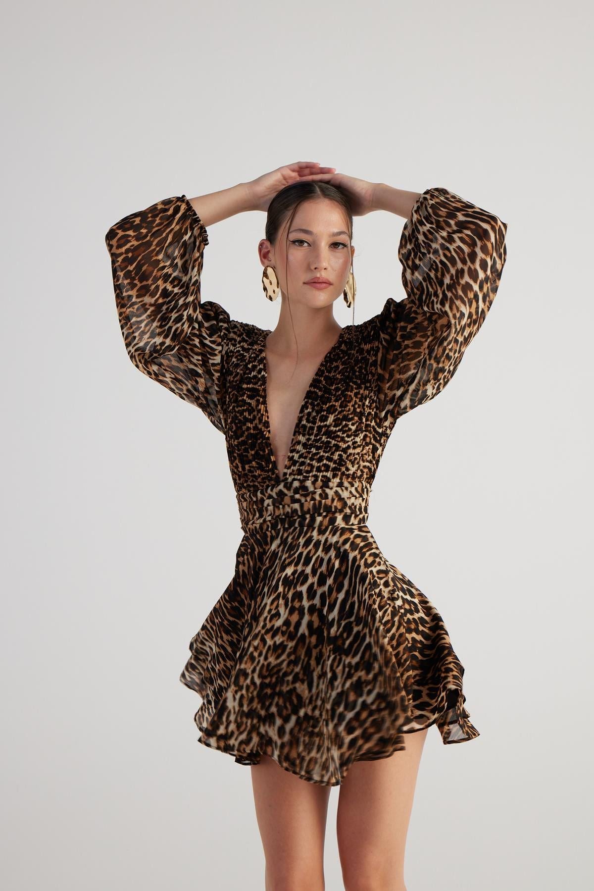 Leopardenmuster V-Ausschnitt Minikleid