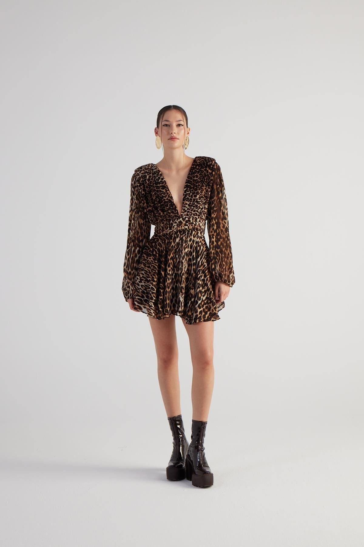 Leopardenmuster V-Ausschnitt Minikleid