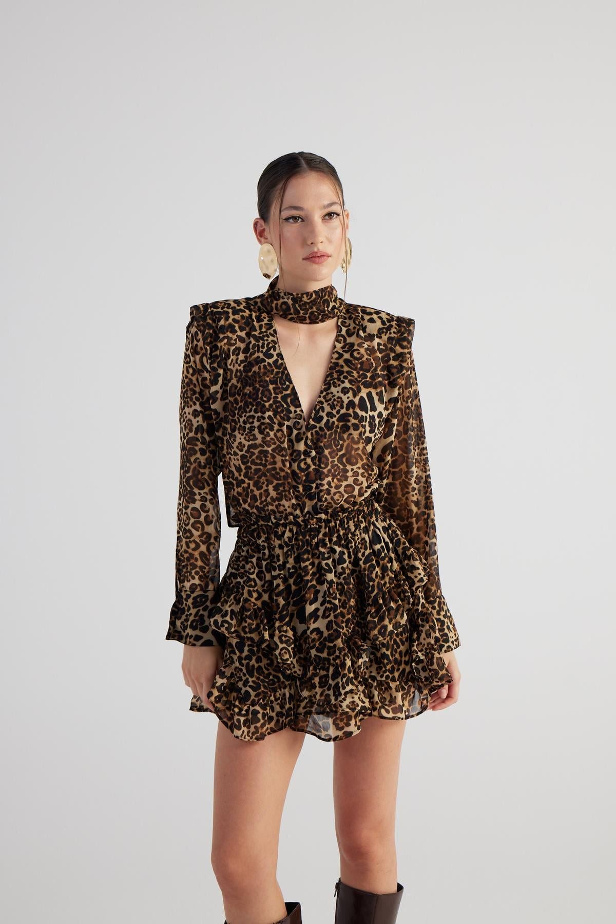 Leopardenmuster Kaia Bluse mit Kragen