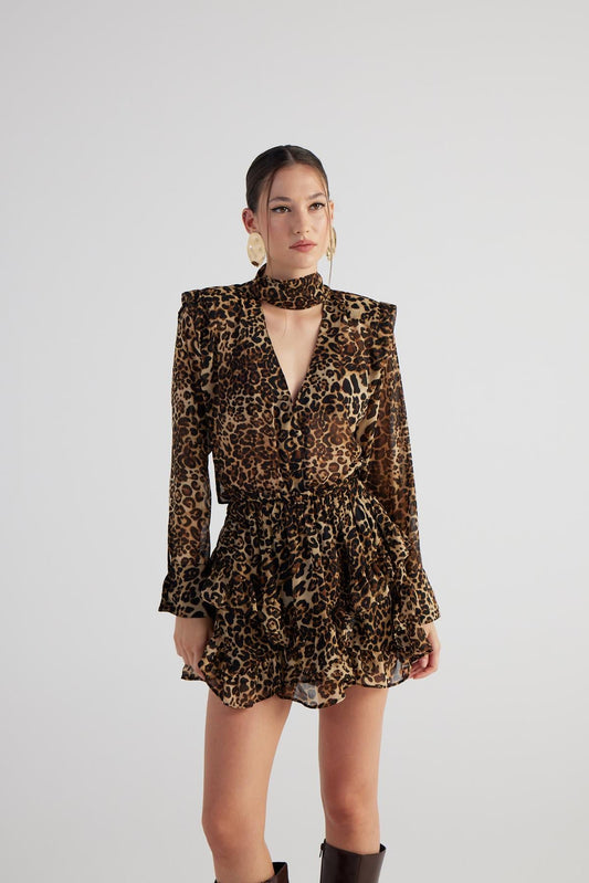 Leopardenmuster Kaia Bluse mit Kragen