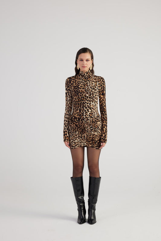 Leopardenmuster Fischerhals Mini-Kleid