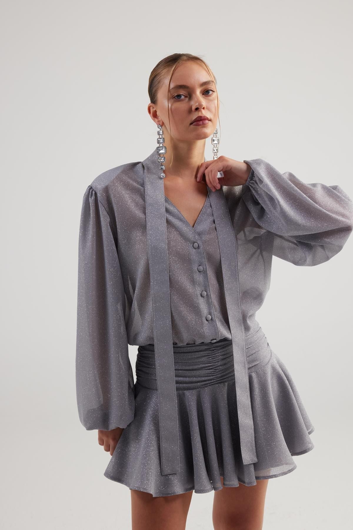 Rüschenshirt Mini-Kleid Velours