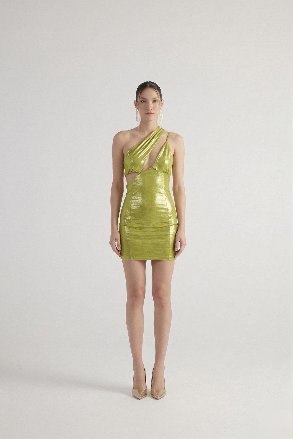 Ein-Schulter Glänzendes Mini-Kleid