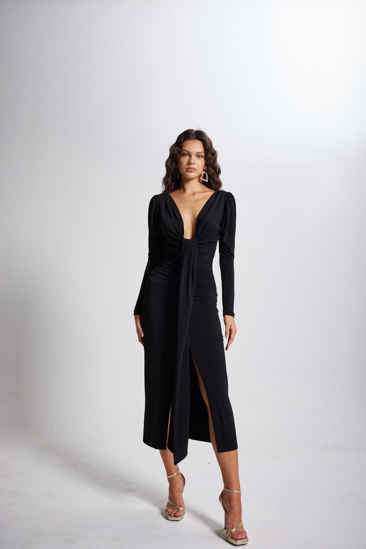 V-Ausschnitt Puffärmel Maxikleid