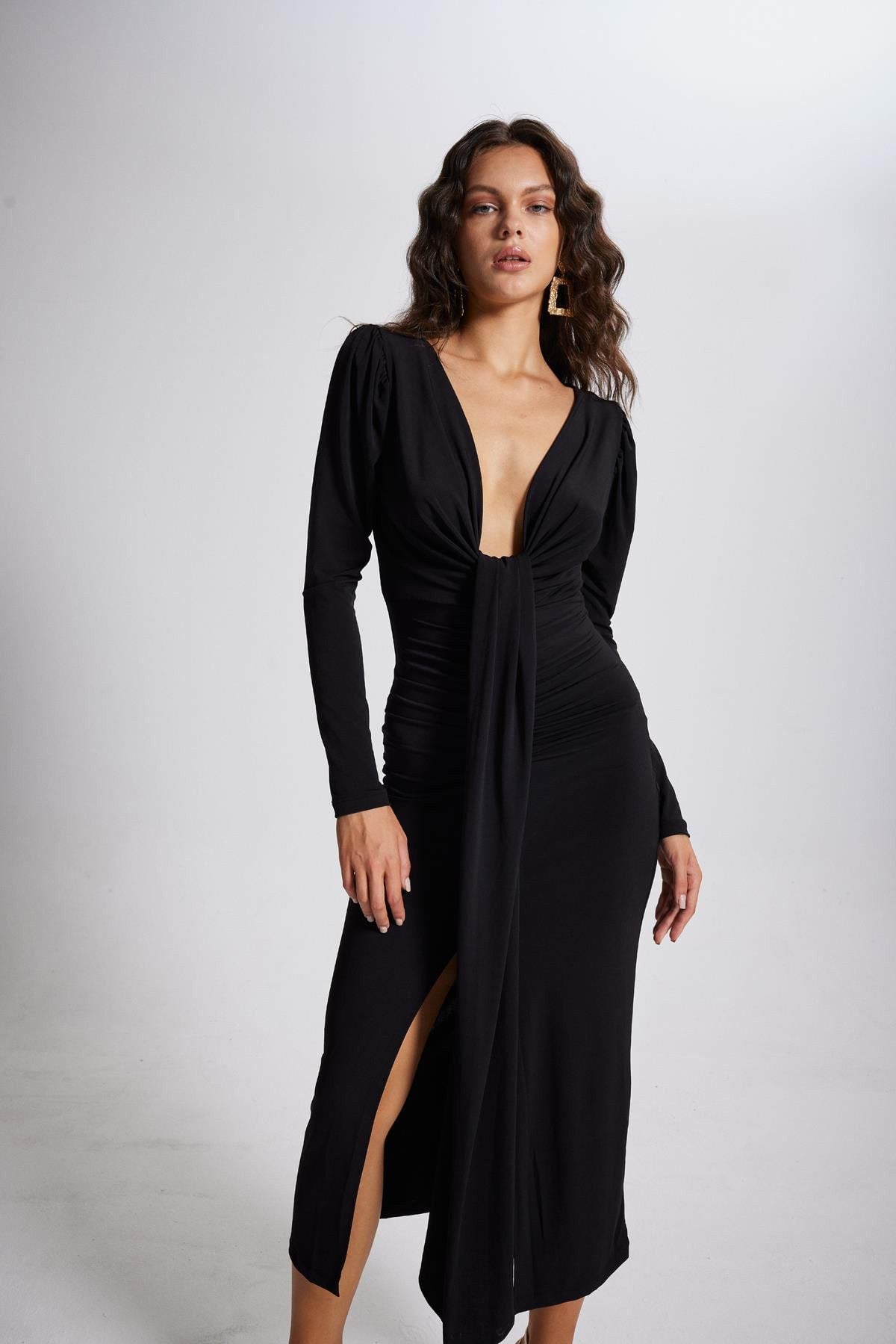 V-Ausschnitt Puffärmel Maxikleid