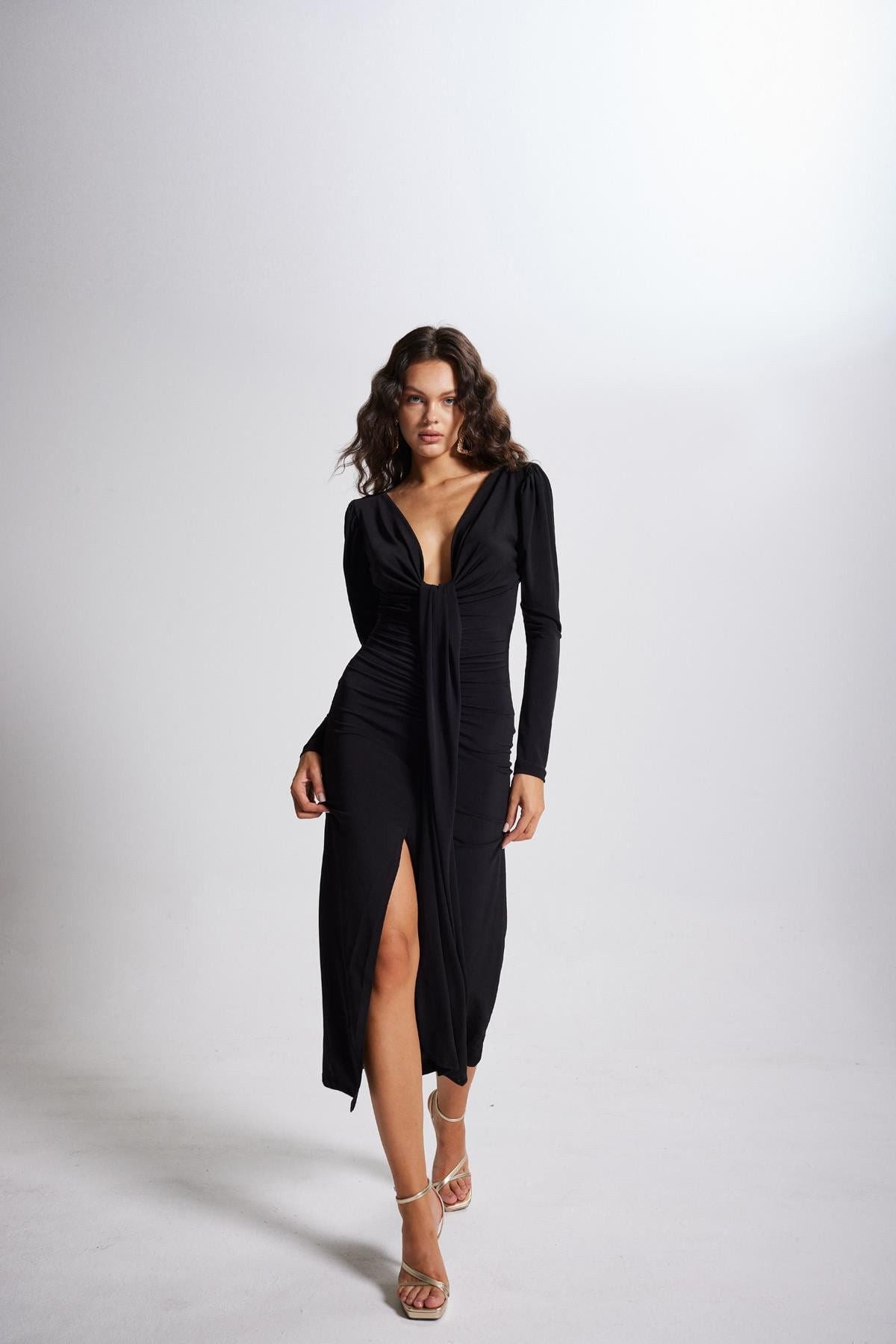 V-Ausschnitt Puffärmel Maxikleid