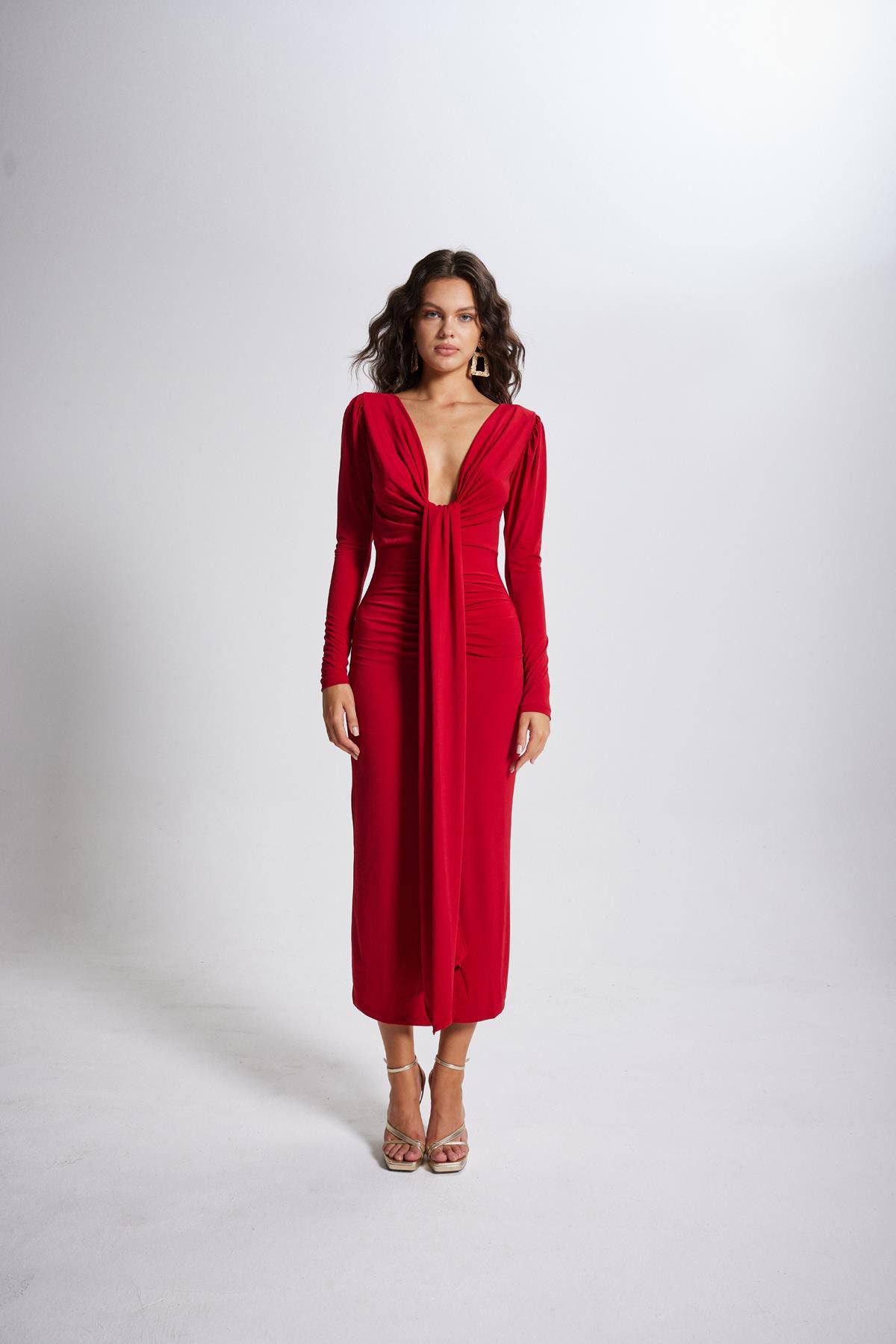 V-Ausschnitt Puffärmel Maxikleid