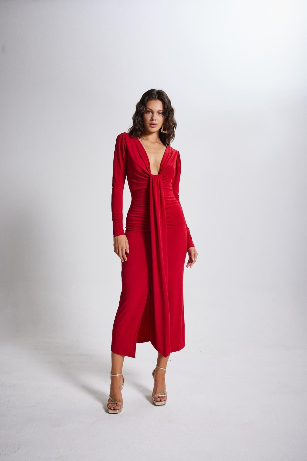 V-Ausschnitt Puffärmel Maxikleid