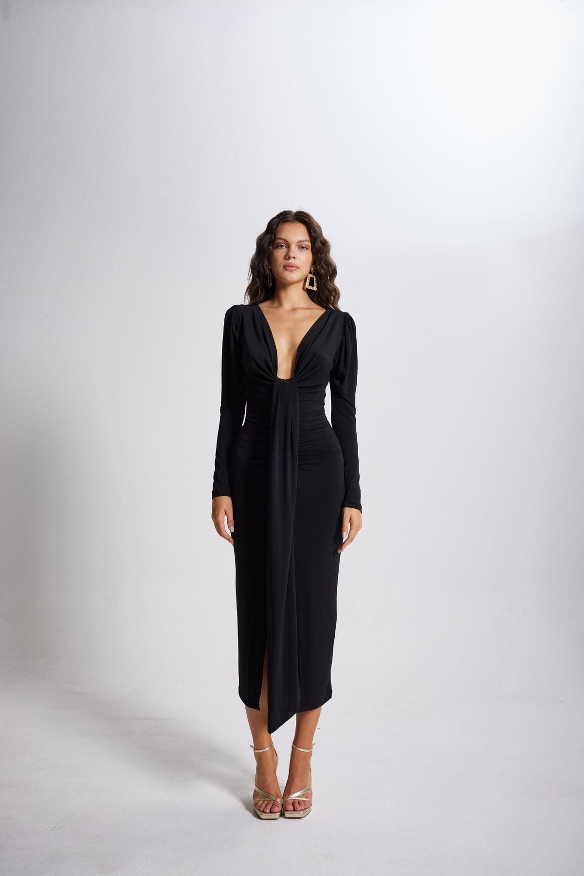 V-Ausschnitt Puffärmel Maxikleid